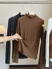 Camiseta de renda jacquard estilo coreano com gola alta meia-manga longa para mulheres, nova coleção de outono, corte slim, versátil, top base levemente transparente