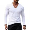 Camiseta Masculina Transfronteiriça 2025 Tops Transfronteiriços Camada Base Primavera e Outono Vestuário Masculino Europeu e Americano Gola V Cor Sólida Tamanho Grande Casual Manga Longa Roupa Masculina