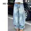 Calça Jeans Reta Drapeada Cor Clara Lavagem Retro para Mulheres 2025 Primavera & Outono Nova Cintura Alta Solta Wide Leg Comprimento Total