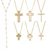 Cadena de Acero Inoxidable Chapada en Oro con Forma de Y, Cadena de Cuentas de Zirconia, Cruz Hueca, Collar Multiestilo, Joyería Francesa de Lujo Ligero para Mujeres
