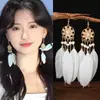 Pendientes de Borla de Plumas Blancas Más Vendidos Transfronterizos, Pendientes Largos Vintage Bohemios, Pendientes de Viaje de Yunnan al por Mayor