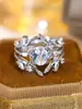 Anillo Retro Europeo de Tres Piezas con Rama Floral Blanca y Hojas, Diamante Blanco, Apilable Multicapa, Corona de Boca Cerrada, Joyería