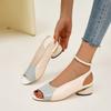 Sandalias de moda de verano 2024 para mujer, de piel suave, con punta de pez y bloques de color, tacón medio, tacón grueso, talla grande, con cinturón trasero vacío