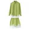 Conjunto de shorts para mujer marca Z europeo y americano AliExpress, popular camisa de moda con retazos de encaje, transfronterizo verde claro y azul cielo ZA