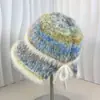 Nuevo sombrero de pescador de felpa con combinación de colores, estilo coreano dulce, versátil, cálido para otoño e invierno, sombrero tipo cubo con apertura trasera y lazo para mujer