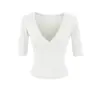 Camiseta de Verano Nuevo Estilo Chica Picante Ajustada con Cuello en V Cruzado de Manga Media para Mujer, Camiseta Básica Ajustada que Ceñe la Cintura, Top Corto de Color Sólido
