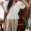 Estilo Chic Coreano 2026 Verão Nova Camisa de Manga Curta com Decote V, Patchwork de Renda, Cintura Ajustada para Mulheres