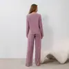 Moda Primavera 2025 Conjunto de Dos Piezas para Mujer: Top Casual de Cuello Redondo a Cuadros con Mangas Largas y Pantalones Largos a Cuadros Sueltos de Alta Elasticidad