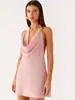 Roupas Femininas Europeias e Americanas Novas Transfronteiriças Vestido Curto Sexy Elegante com Gola Ampla Alças Halter Fivela de Metal Sexy