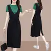 Vestido de Verão de Comprimento Médio Feminino Estação Europeia Solto Emagrecimento Falso Duas Peças Saia Suspender Moda Casual Saia A-Line Feminina