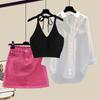 Conjunto de Verão Feminino Plus Size Moda Feminina 2022 Novo Tops que Reduzem a Idade Saia que Cobre a Cintura Conjunto de Três Peças