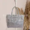 Bolso Casual Brillante de Tejido Denso para Mujer, Estilo Nuevo, Gran Capacidad, Color Dorado y Plateado, Bolso Tejido de Paja, Bolso para Vacaciones en la Playa