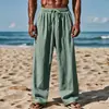 Pantalones Largos Casuales de Algodón y Lino Sueltos de Color Sólido con Cordón para Hombre de Talla Grande, Novedad Transfronteriza Europea y Americana 2025