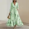 Primavera/Outono 2026 Novo Estilo Transfronteiriço Europeu e Americano Comércio Exterior Roupas Femininas Estampado Decote V Manga Longa Moda Vestido Plissado Saia Longa Feminina
