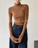 Camiseta básica de punto de una pieza sin costuras de lana merino mejorada, gruesa, de cuello alto, elástica en cuatro direcciones, suave al tacto para mujer