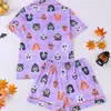 Conjunto de loungewear de manga corta, con cuello, casual, de corte holgado, con estampados temáticos de Halloween, adecuado para usar tanto en interiores como en exteriores