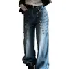 Pantalones Vaqueros de Pierna Ancha con Remaches Estilo Retro Americano Transfronterizos para Mujer Chica Picante Diseño de Calle Alta Sueltos Casual Adelgazantes de Pierna Recta Hombres