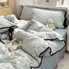 Juego de Cama de Cuatro Piezas Estilo Coreano Clase A, Sábana de Cama de Algodón Puro Lavado con Puntos y Lazos, Funda de Edredón, Sábana Ajustable, Juego de Tres Piezas para Dormitorio 3