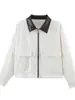 Otoño 2026 Nuevo Estilo Europeo y Americano Chaqueta de Pana con Parches y Cuello de Cuero Top con Cremallera Retro de Manga Larga