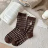 Calcetines de Cachemir con Oso Polar Bordado para Mujer, Calcetines Retro Japoneses de Media Pantorrilla a Rayas Bloque de Color, Calcetines de Lana de Tubo Alto Cálidos y Versátiles