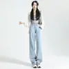 Jeans de pierna ancha con forro polar para mujer Otoño e Invierno 2023 Nuevos Pantalones rectos estrechos de cintura alta retro