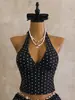 Traje de baño de dos piezas bikini de cintura alta con lunares retro europeo, halter, pierna dividida, para mujer, para playa, con cordones, transfronterizo