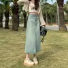 Falda Vaquera de Cintura Alta con Abertura para Mujer Primavera y Otoño 2024 Nueva Falda de Corte A Pequeña de Longitud Media Falda de Cadera de Media Longitud