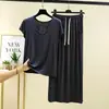 Conjunto de dos piezas de modal con cuello en U, fino, de manga corta para mujer, para verano, talla grande, vestido largo holgado, atuendo casual moderno y elegante para usar como prenda exterior