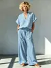 2026 Amazon Europa América Transfronterizo Verano Nuevo Algodón Lino Casual Cuello en V Manga Corta Camisa + Pantalones de Pierna Ancha Conjunto Mujer