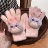 Luvas de Pelúcia Quentes Tricotadas de Cinco Dedos com Gatinho de Strass para Mulheres no Inverno, Versáteis à Prova de Frio e Vento para Ciclismo, Aconchegantes