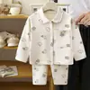 Conjunto de Pijama de Lana y Seda Nuevo de Otoño e Invierno para Niños y Niñas, Conjunto de Ropa de Casa de Manga Larga, Conjunto de Cárdigan con Solapas para Bebé