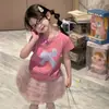 Ropa de Verano para Niñas de Algodón Puro, Camiseta de Manga Corta con Estampado de Dibujos Animados para Bebé, Nueva Moda Infantil Dulce de Color Caramelo de Moda