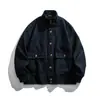 Chaqueta de trabajo retro estilo japonés Rumeng, con botones, doble bolsillo, para hombre, otoño, corte holgado, cuello alto, prenda exterior casual