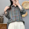 Camisa de Cuadros de Gasa de Doble Capa Teñida en Hilo Estilo Primavera y Otoño para Mujer, de Manga Larga, Holgada, Versátil, Top Casual para Poner en Capas