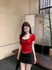 5086# viscose vermelho puro gola U gola redonda manga curta camiseta feminina verão decote justo justo curto chique doce