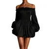 Colección de verano transfronteriza para mujer 2026 europea y americana: vestido corto elegante de un solo color, que ciñe la cintura, fruncido, de un solo hombro