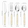 Juego de cubiertos de acero inoxidable al por mayor de cuatro piezas, cuchillo para bistec de alto valor estético estilo francés con mango de bambú brillante, juego de tenedor y cuchara para restaurantes occidentales
