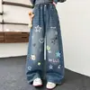 Jeans de Outono para Meninas com Bordado de Gato Desenho Animado 2026 Novo Estilo Crianças Meninas de Tamanho Médio e Grande Cor Clara Calça Longa de Perna Reta Perna Larga