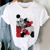 Atacado estação independente primavera e verão figura geométrica tamanho grande feminino retro desenho animado letras branco top camiseta feminina