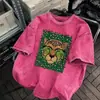 Camiseta de manga corta vintage roja 100% algodón puro 220g, lavada, para hombre y mujer, verano, con gafas de sol y estampado de guepardo, top de corte holgado