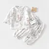 Conjunto de Gaze para Bebê Roupas de Casa para Bebê Manga Longa Top de Fibra de Bambu Calça Roupas de Verão com Ar Condicionado para Crianças Meninos Meninas
