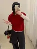 Suéter Rojo Retro de Manga Corta con Cuello Polo para Mujer, Tejido Suave para Capas de Otoño e Invierno, Top para un Atuendo Festivo