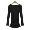 Início do Outono Nova Spice Girl Saia Elegante Slim-fit Vestido Feminino Puro Desejo Plissado Grande Gola Redonda Tricotado Saia de Quadril