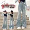 Jeans para niñas, nuevo estilo de primavera, pantalones acampanados elásticos elegantes para niños, pantalones casuales de cintura alta con pedrería para niños mayores, modernos