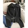 Suéter de Punto Grueso Estilo Coreano Retro 26 Hilos de Lana Pura para Mujer, Nuevo Suéter de Punto Casual de Manga Larga con Cremallera Estilo Coreano Otoño/Invierno