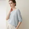 Suéter casual de punto trenzado 100% cachemir puro para mujer, manga corta, cuello redondo, corte holgado, adelgazante, top de punto trenzado, capa interior de manga corta