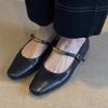 Versión de Cuero Suave ~ Zapatos Mary Jane Negros con Hebilla de Boca Baja para Mujer, Suelas Planas Retro, Zapatos Pequeños de Punta Cuadrada Cómodos y Versátiles