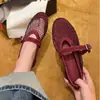 Sandalias de gamuza con puntera de strass calada para mujer, nuevos zapatos de red de verano 2026, planos Mary Jane tejidos transpirables