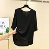 Camiseta de manga media para mujer, Primavera y Verano, Delgada de Algodón Modal, Top con cuello en V, Talla Grande, Holgada, Manga Media, Delantera Corta, Trasera Larga, Camiseta Básica