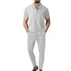 Verano Nuevo Estilo Europeo y Americano Comercio Transfronterizo Comercio Exterior Conjunto de Traje para Hombre Color Sólido Waffle Solapa Manga Corta Cremallera Pantalones Largos